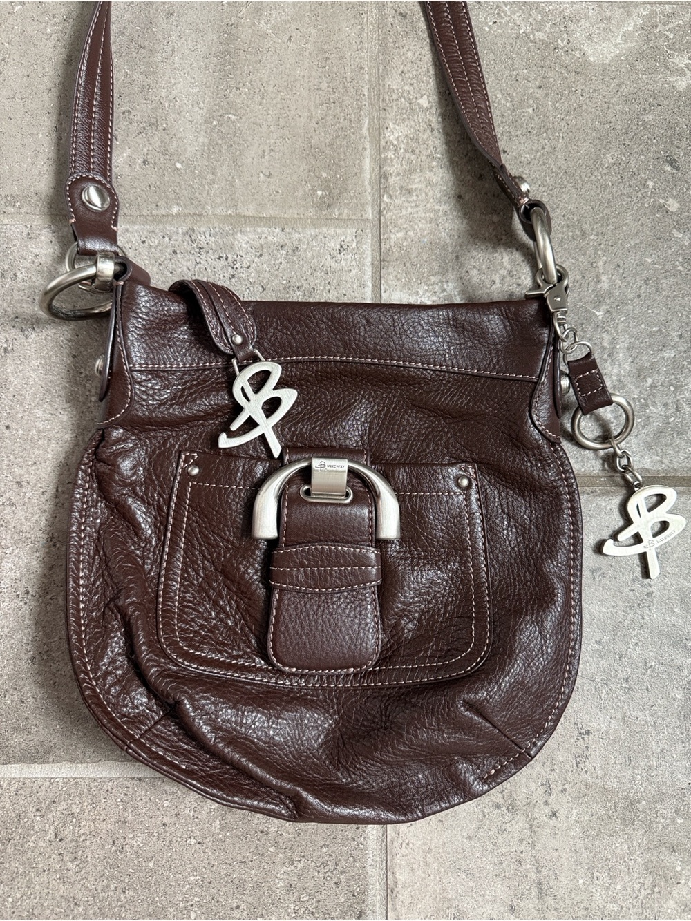 EUC B. Makowsky Brown Pebbled Leather Crossbody Bag with Silver Hardware